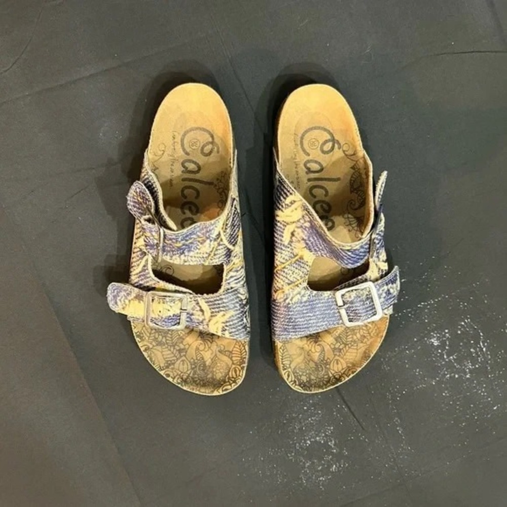 Calceo Women's Sz 38 US 7.5 Purple Yellow Floral Cork Footbed Buckle Sandals